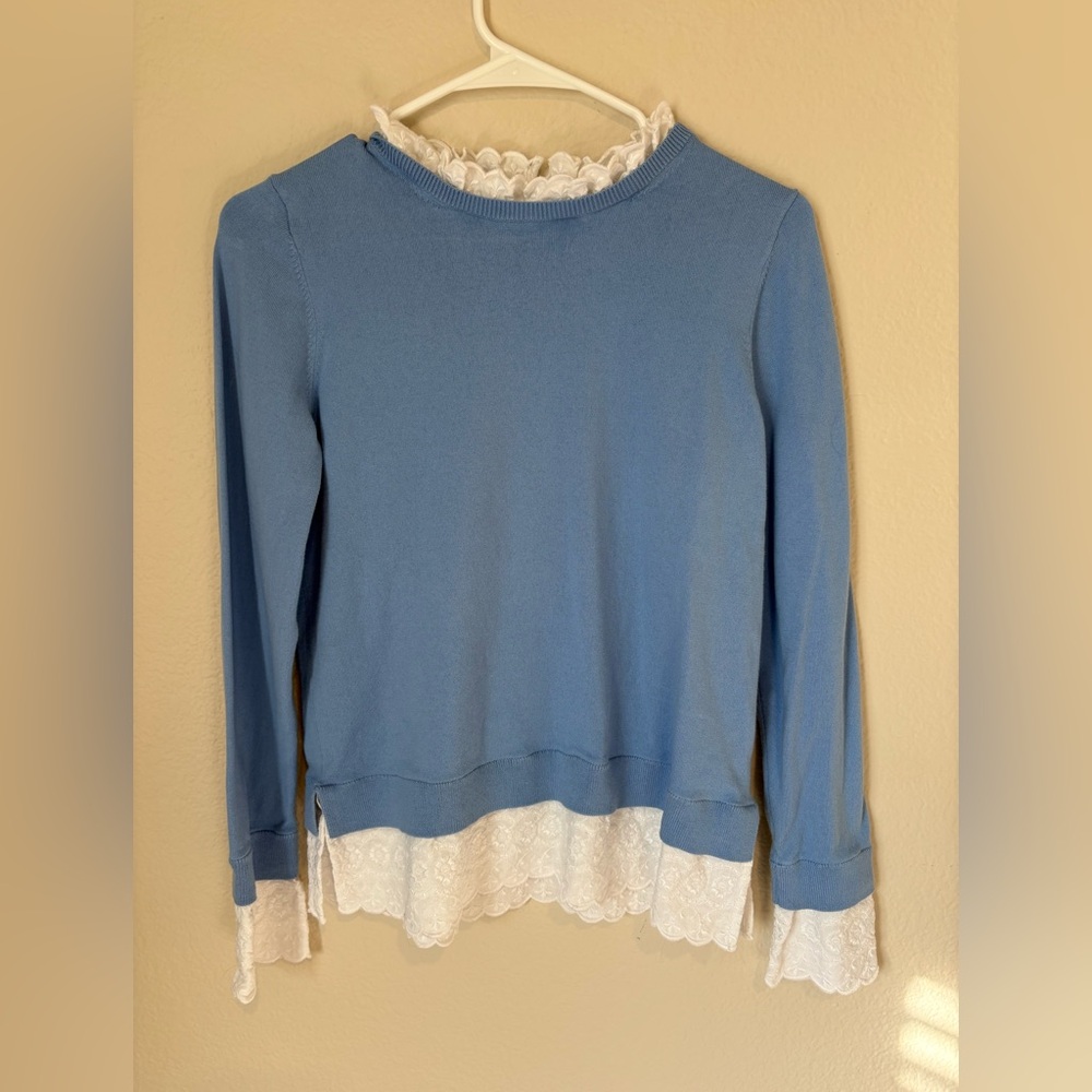 Boden Blue Sweatshirt with White Lace Trim